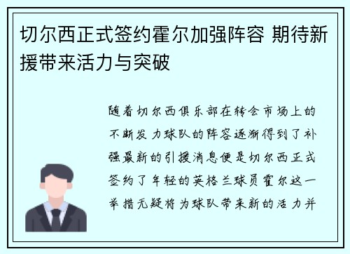 切尔西正式签约霍尔加强阵容 期待新援带来活力与突破 切尔西正式签约霍尔加强阵容 期待新援带来活力与突破